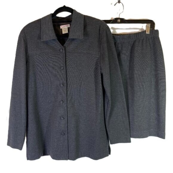 Talbots Vintage 90's Business Suit Charcoal Gray Ponte Knit Jacket Skirt Size 12 - Picture 1 of 15